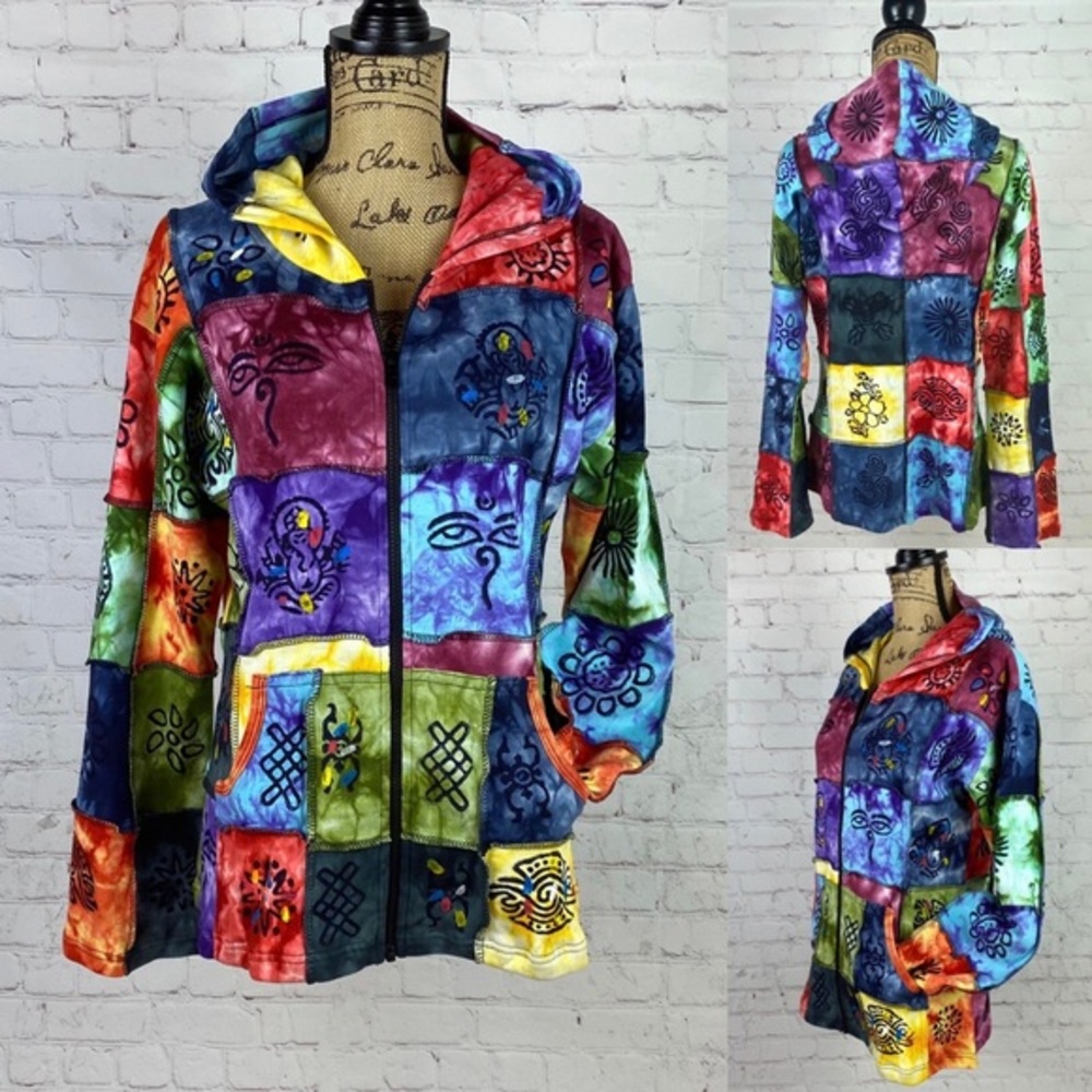 Colorful Tie Dyed Patchwork Hippie Zipup Hoodie Jacket